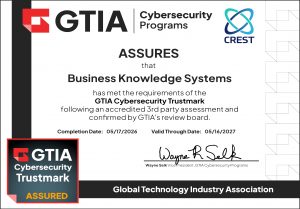 GTIA Cybersecurity Trustmark certificate awarded to BKS